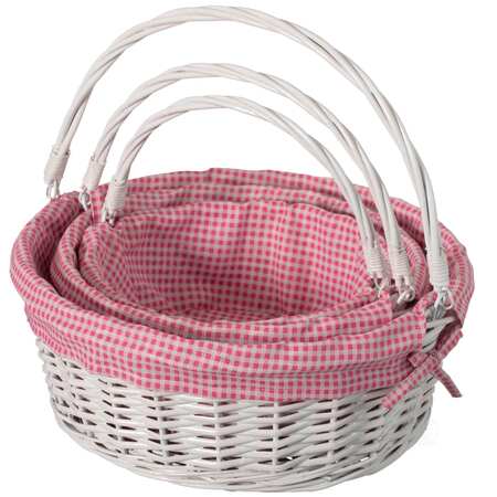 WICKERWISE White Round Willow Gift Basket with Pink and White Gingham Liner and Sturdy Foldable Handles 3 Set QI004620.PK.3